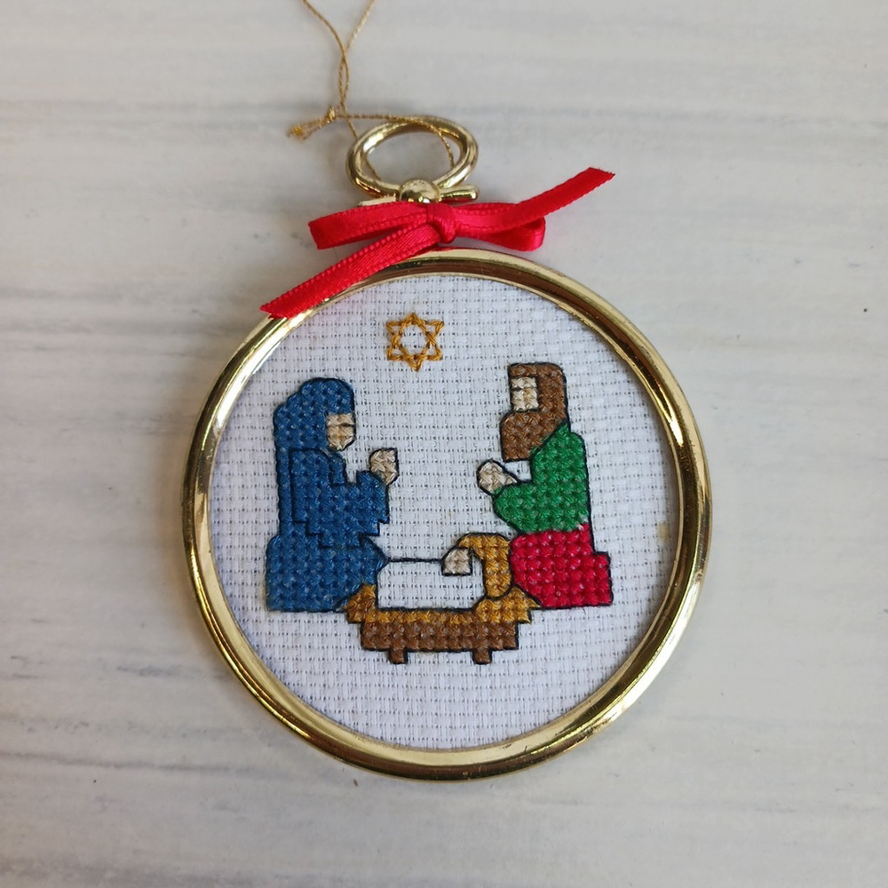 Vintage Nativity Scene Cross Stitch Christmas Ornament